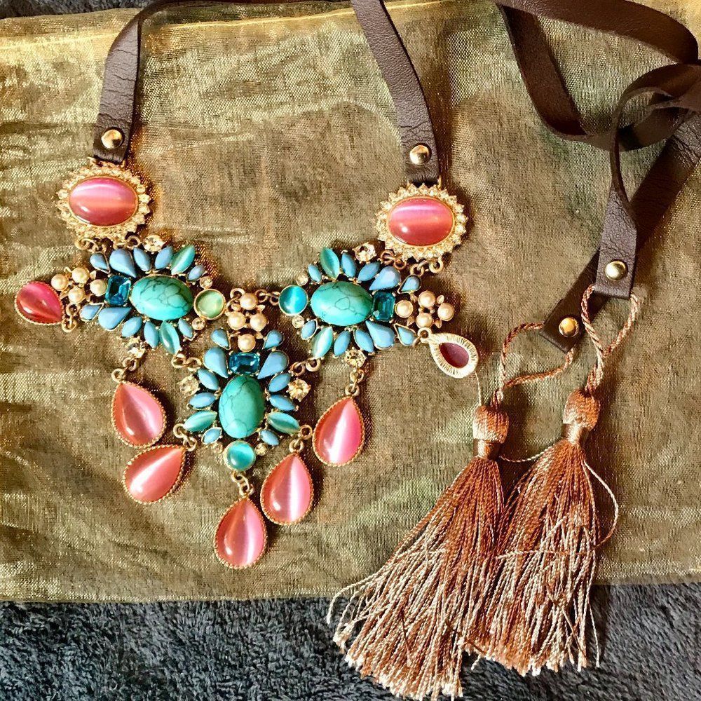 Necklace, Statement Bib Necklace, leather tassales, Jeweled, Bohemian NWOT